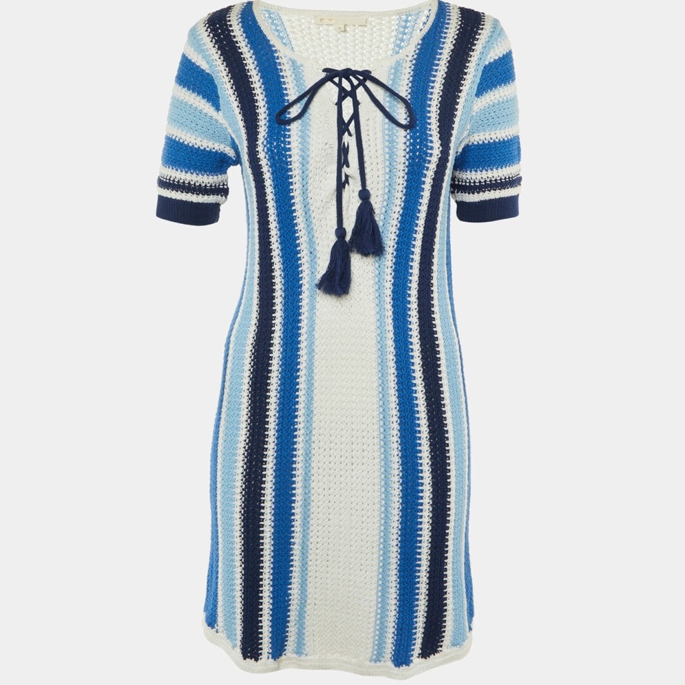 Maje Blue Multi-Stripe Crochet Mini Dress